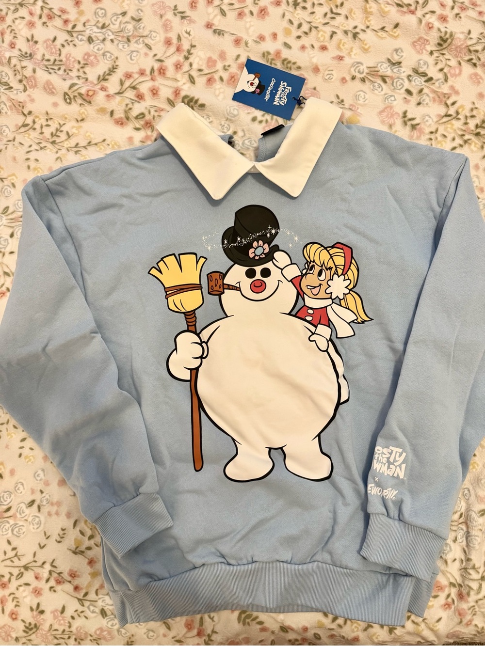 Cute Blue Snowman Graphic Polo-Collar Sweatshirt